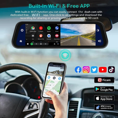 10 Inch 4K Dash Cam Rearview Mirror with GPS and WiFi