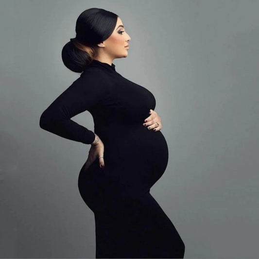 High-Neck Slim-Fit Maternity Dress in Black