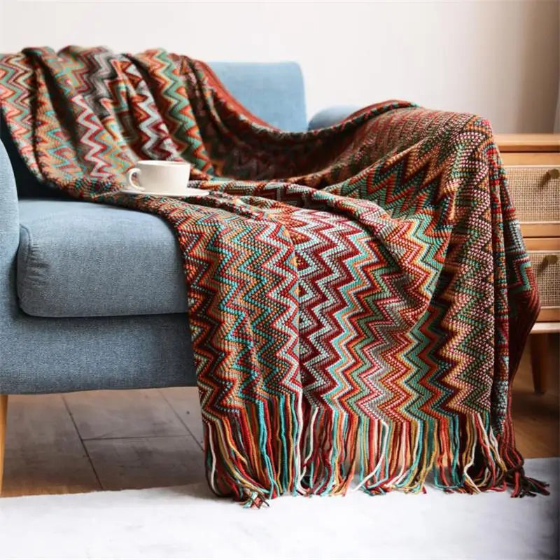 Bohemian Acrylic Hand Knitted Blanket with Tassels