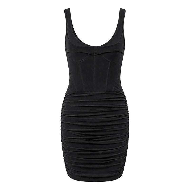 Elegant Fishbone V-neck Mini Dress Women Sleeveless Polyester