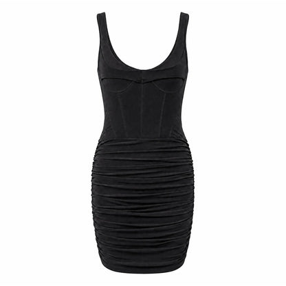 Elegant Fishbone V-neck Mini Dress Women Sleeveless Polyester