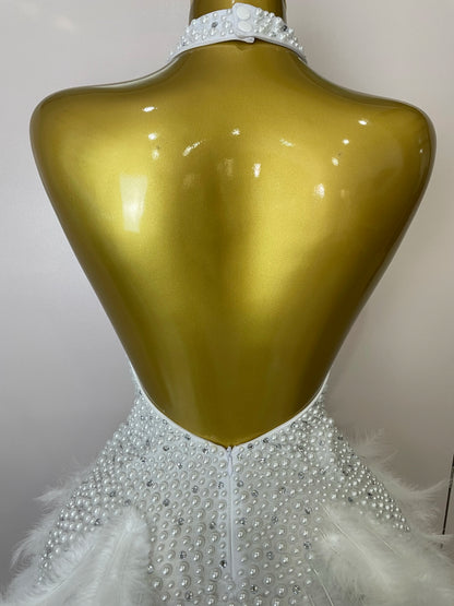 Luxury Rhinestones Pearls Feathers Halter Backless Dress