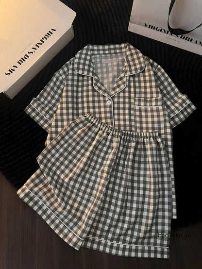 Japanese Minimalist Women's Pink Plaid Pajamas