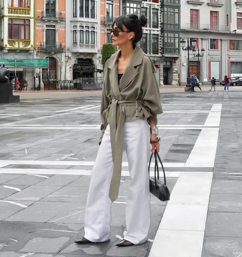 Lapel Lace Up Trench Coat Women Casual Long Sleeve