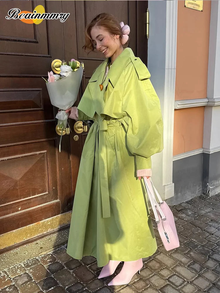 Green Oversized Belt Overcoat Women Long Sleeve Windbreaker