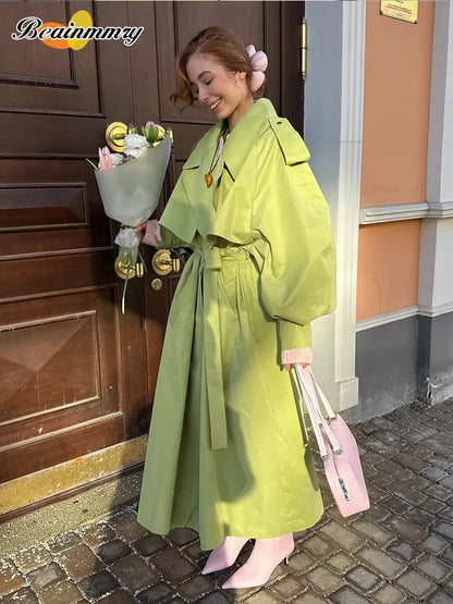 Green Oversized Belt Overcoat Women Long Sleeve Windbreaker