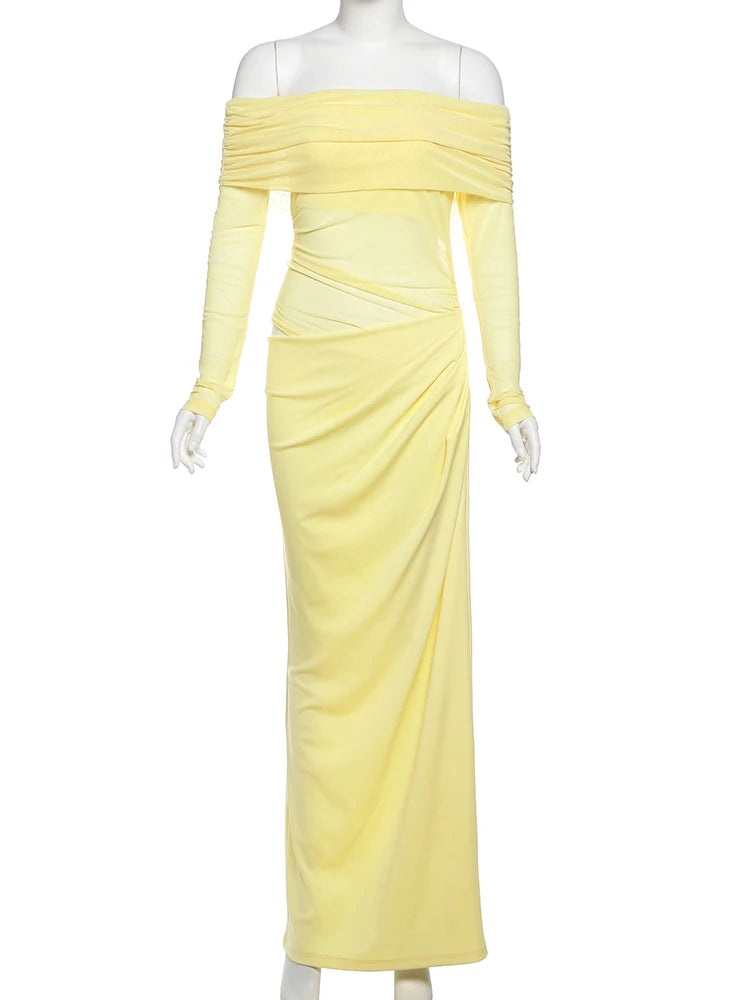 Elegant Slash Neck Ruched Mesh Dress for Women