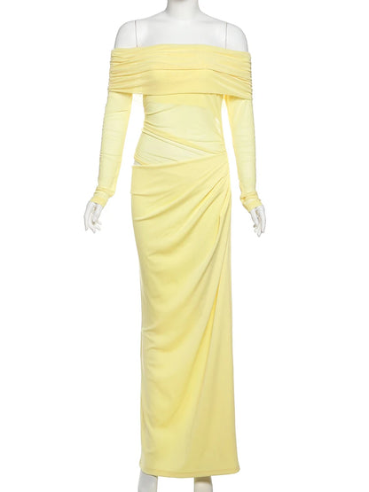Elegant Slash Neck Ruched Mesh Dress for Women