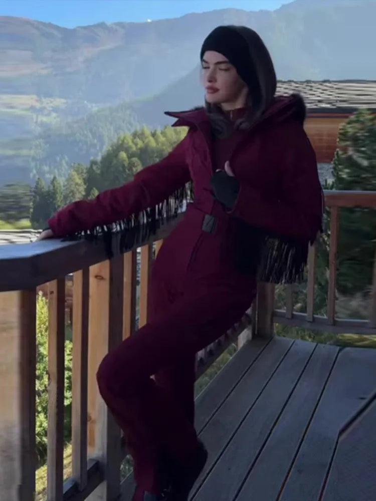 Women's Ski Suit with Fur Hood and Zippers