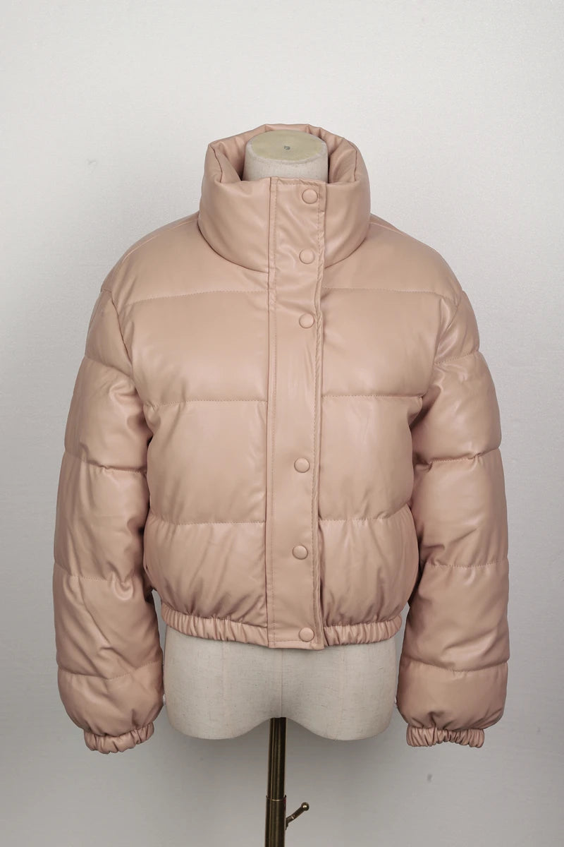 Black PU Leather Women's Winter Parka Jacket