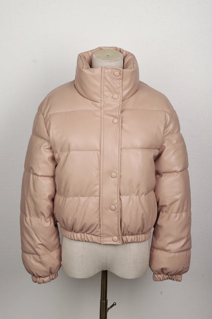 Black PU Leather Women's Winter Parka Jacket