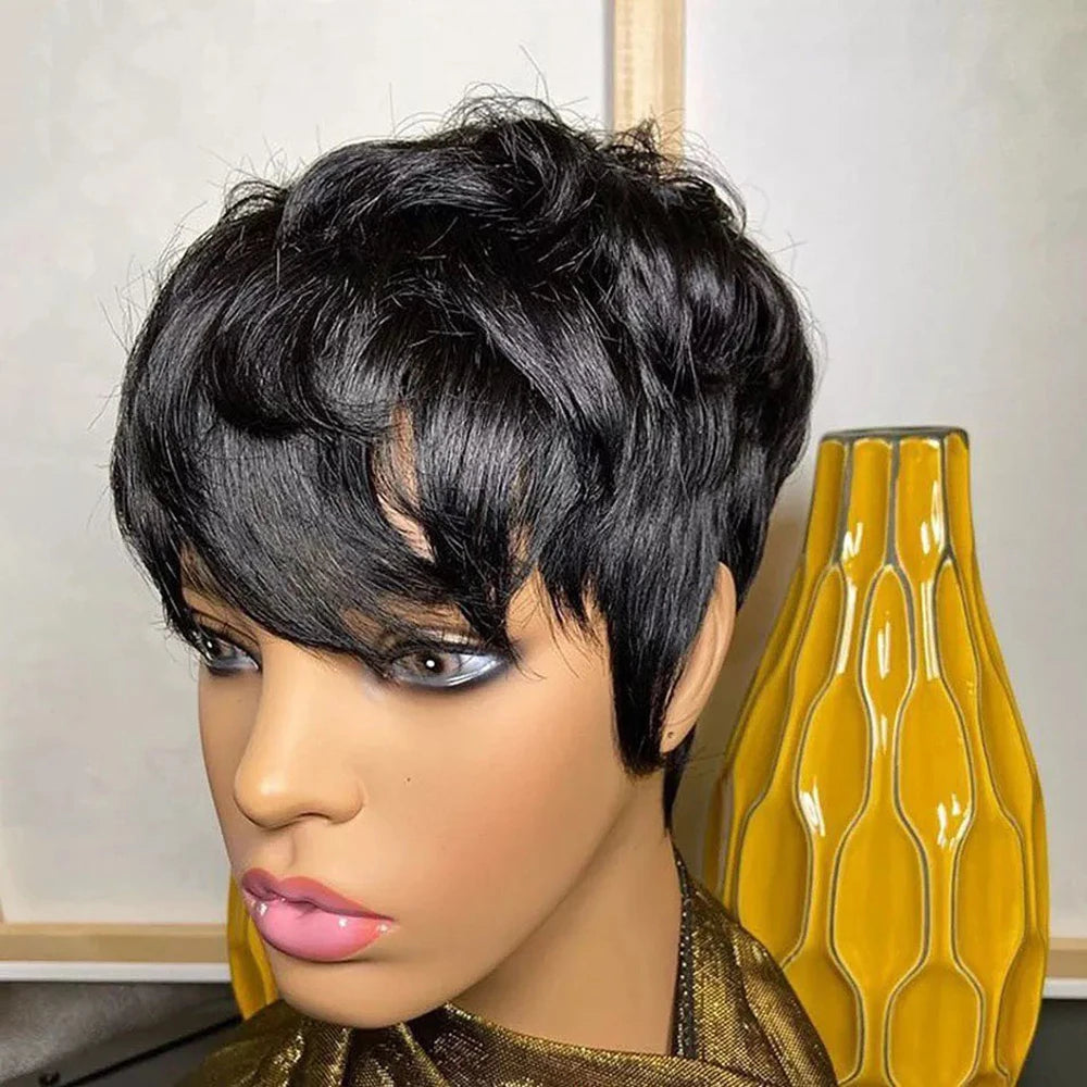 Short Pixie Cut Human Hair Wig with Bangs for Women