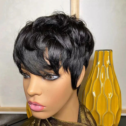 Short Pixie Cut Human Hair Wig with Bangs for Women