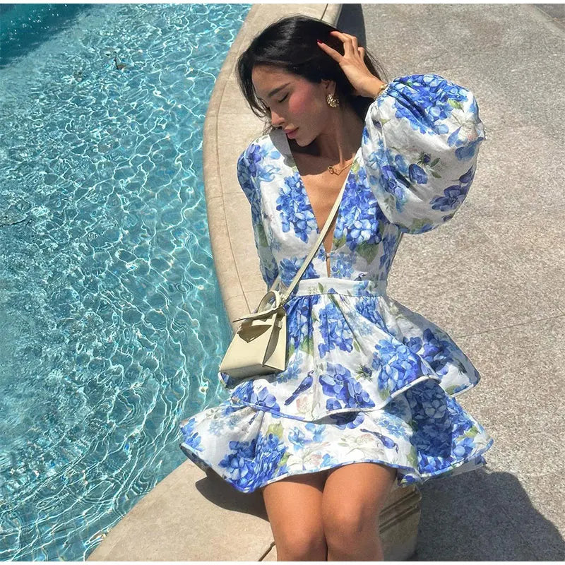 Women Tie-Dye Flower Deep V Neck Flare Sleeve Mini Dress
