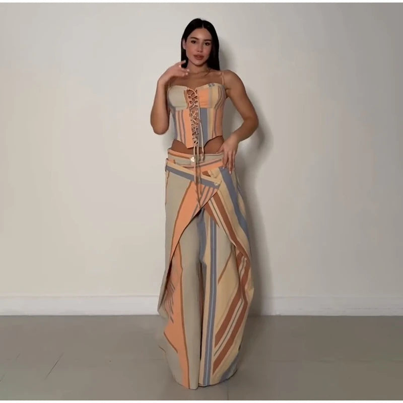 Corset Cami Two Piece Set with Pleated Wide Leg Pants