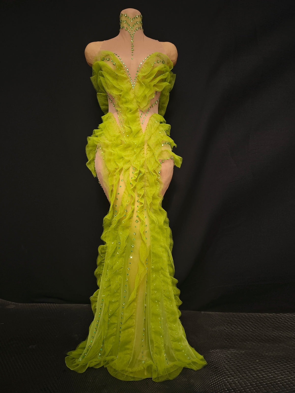 Elegant Green Rhinestones Mesh Maxi Dress
