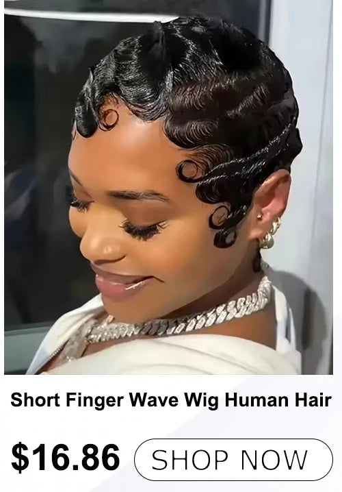 1B Pixie Cut Human Hair Wig Loose Curly Bangs 6 Inch
