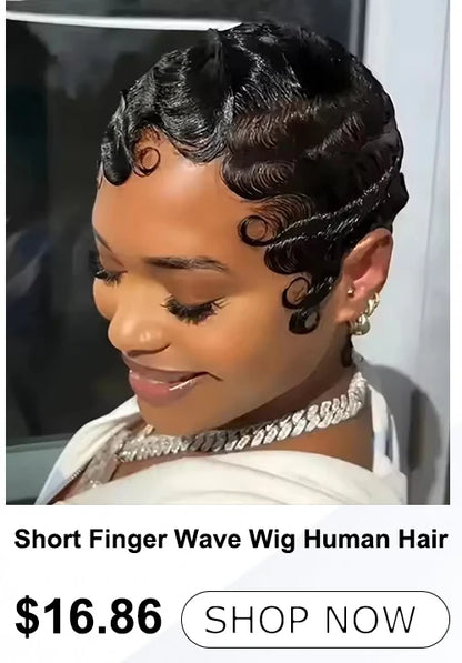 1B Pixie Cut Human Hair Wig Loose Curly Bangs 6 Inch