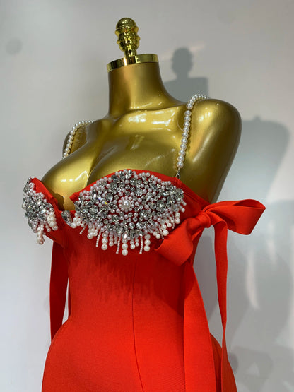 Women Backless Bodycon Bandage Dress with Pearls