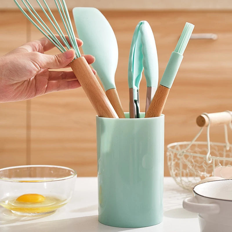 12 Piece Silicone Kitchen Utensils Set with Wooden Handle
