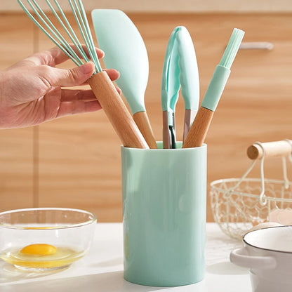 12 Piece Silicone Kitchen Utensils Set with Wooden Handle