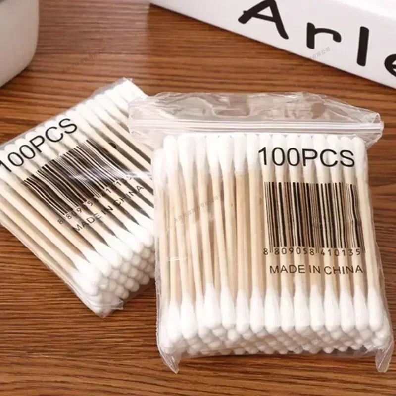 100 Pcs Baby Cotton Swabs with Wooden Sticks