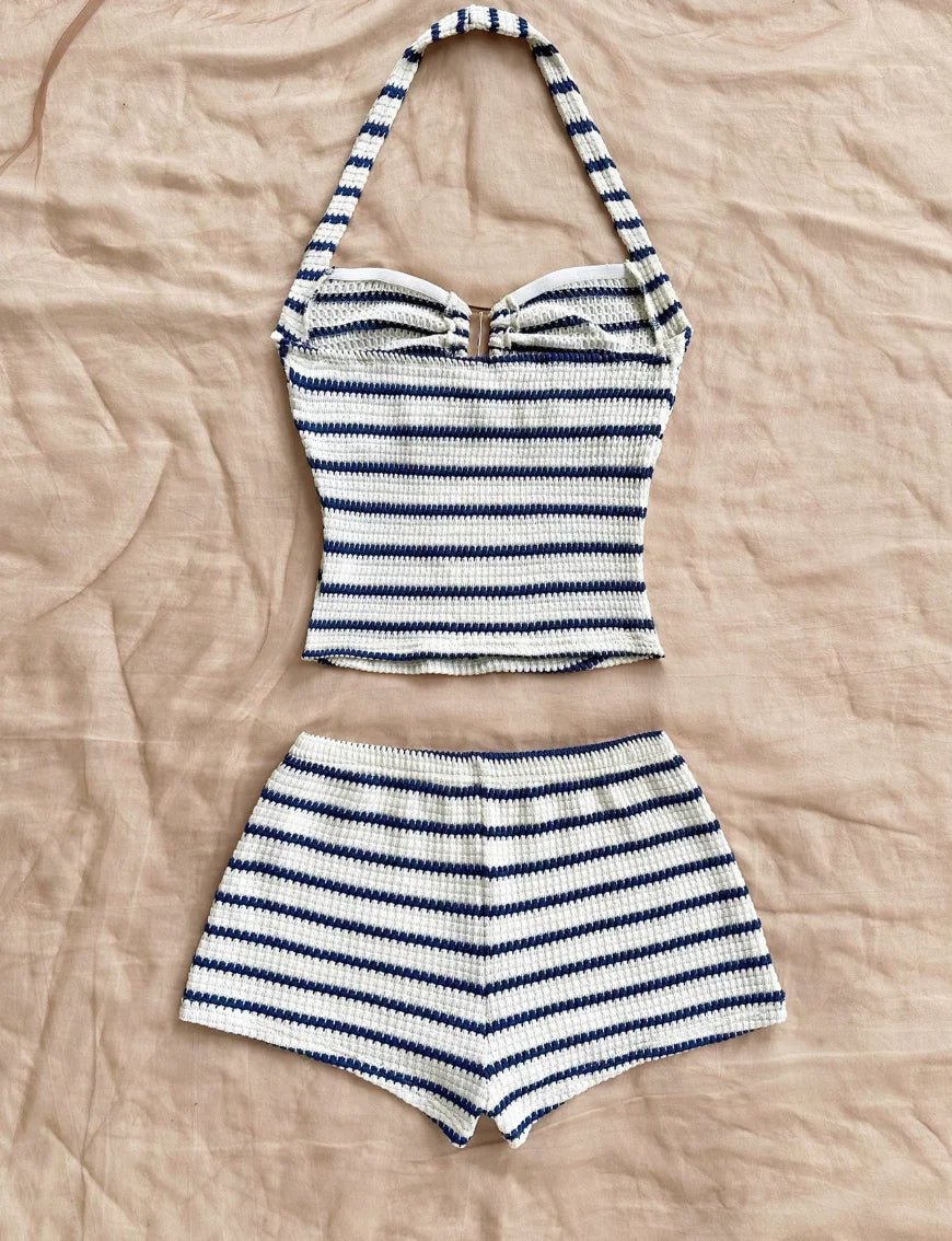 Summer Knit Halter Top and Shorts Set with Stripes