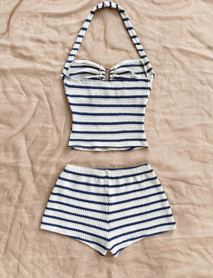Summer Knit Halter Top and Shorts Set with Stripes