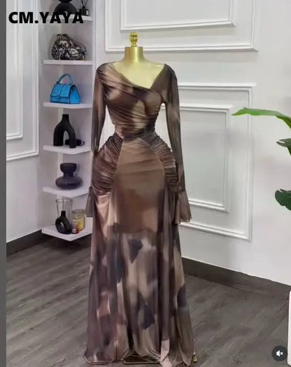 Women Tie Dye Maxi Dress with Skew Neck and Flare Sleeves