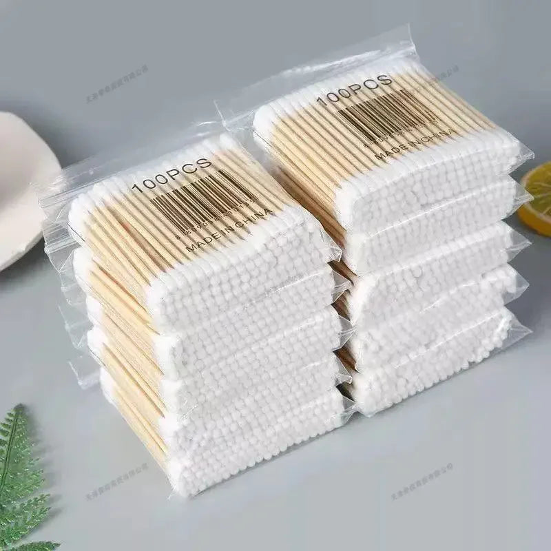 100 Pcs Baby Cotton Swabs with Wooden Sticks