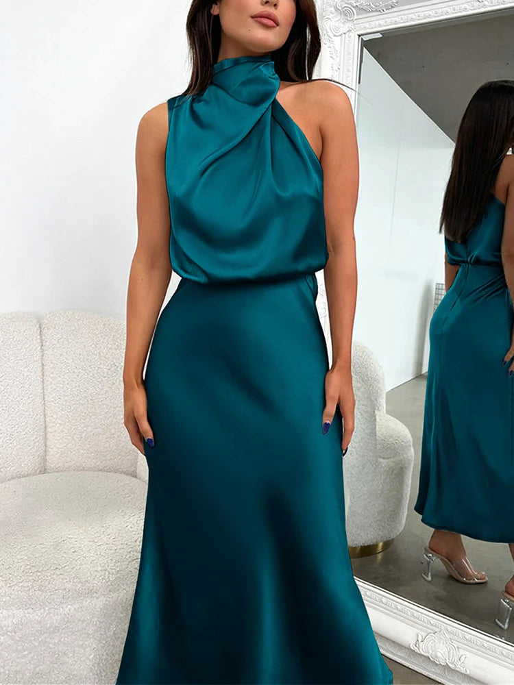 Elegant Silk Satin Sleeveless Long Dress for Women