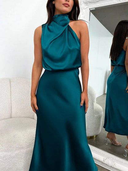 Elegant Silk Satin Sleeveless Long Dress for Women