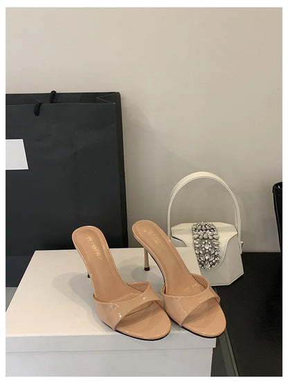 Thin High Heels Open Toe Slides Women Patent Leather Sandals