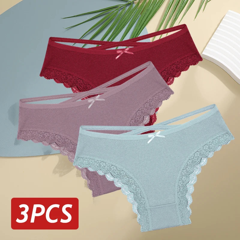 3PCS Women Cotton Lace Brazilian Panties Set S-XL