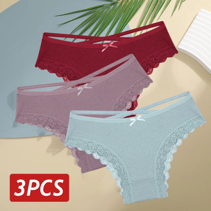 3PCS Women Cotton Lace Brazilian Panties Set S-XL