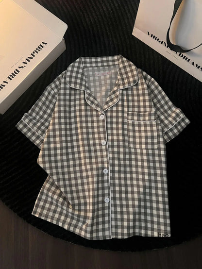 Japanese Minimalist Women's Pink Plaid Pajamas
