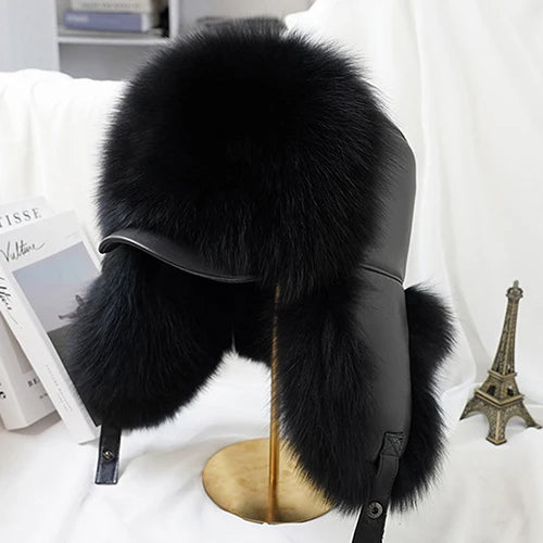 Men's Real Silver Fox Fur Bomber Hat