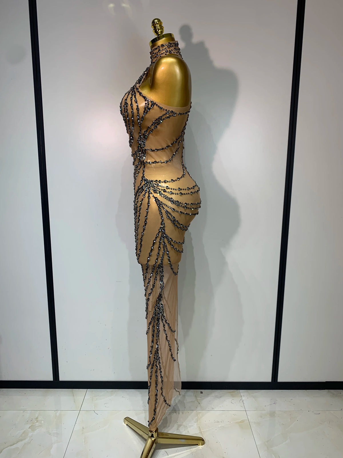 Sparkly Rhinestone Transparent Mesh Long Dress