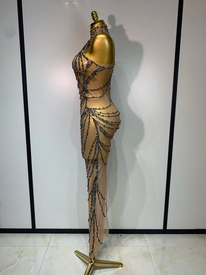 Sparkly Rhinestone Transparent Mesh Long Dress