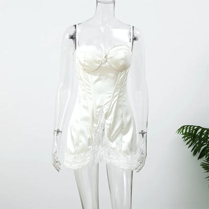 Women White Lace Trim Corset Mini Dress