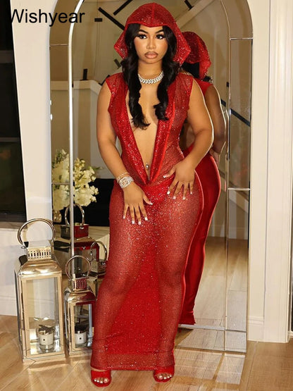 Luxury Red Hooded Dress for Women with Sequins