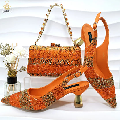 Italian Luxury Green Rhinestone Shoes and Bag Set