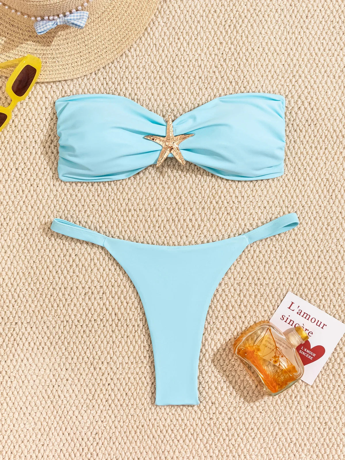 Sky Blue Starfish Ornament Bandeau Bikini Set