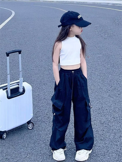 Girls Cargo Pants Cotton Polyester Black Grey Red