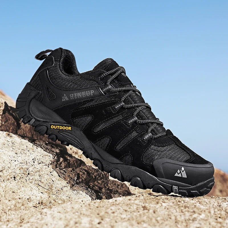 HIKEUP Men's Suede Leather Hiking Shoes Black Gray Khaki