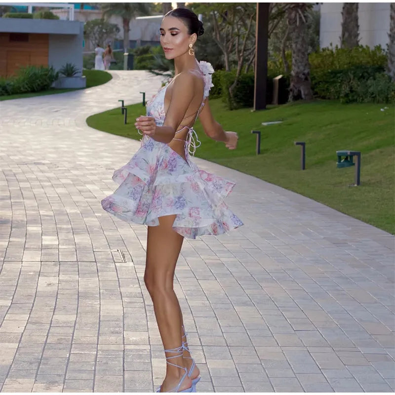 Women Tie-Dye Flower Deep V Neck Flare Sleeve Mini Dress