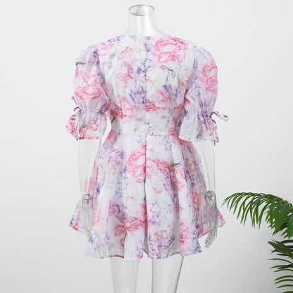 Women Tie-Dye Flower Deep V Neck Flare Sleeve Mini Dress