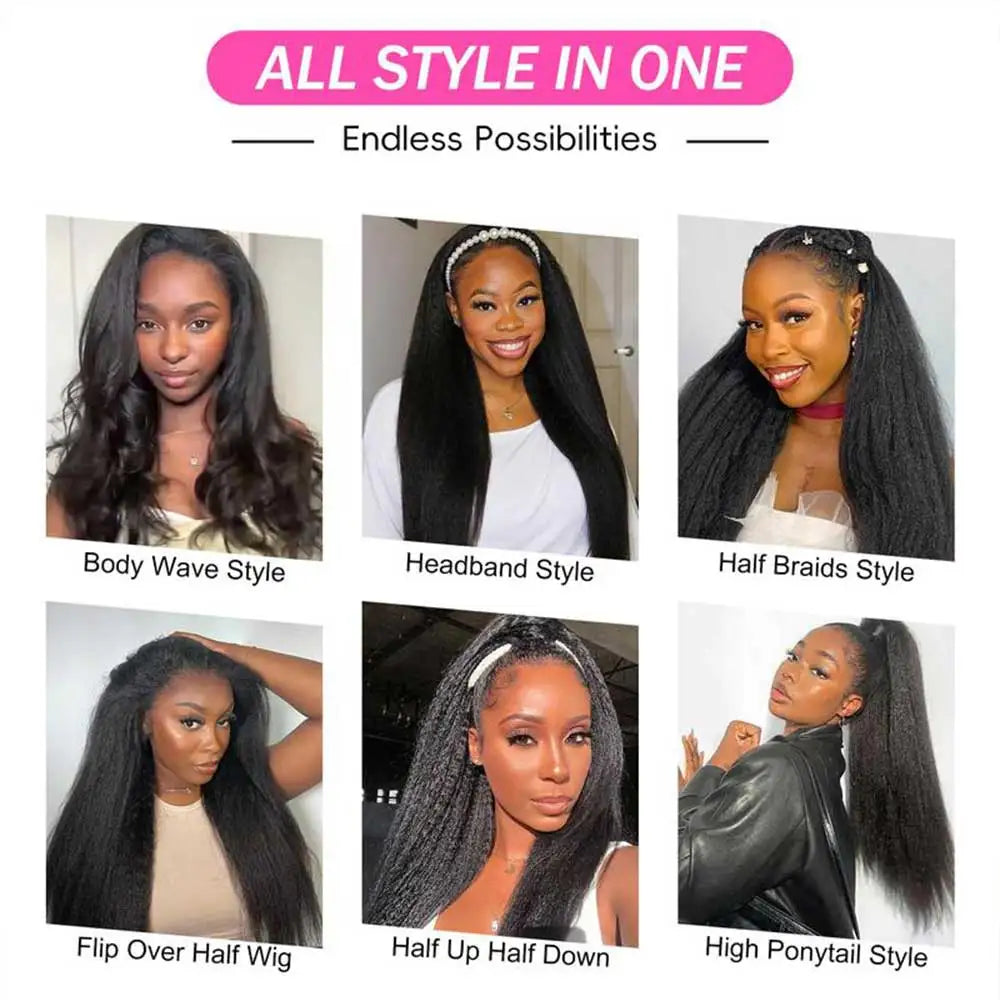 Kinky Straight Human Hair Half Wig 26 Inch Glueless