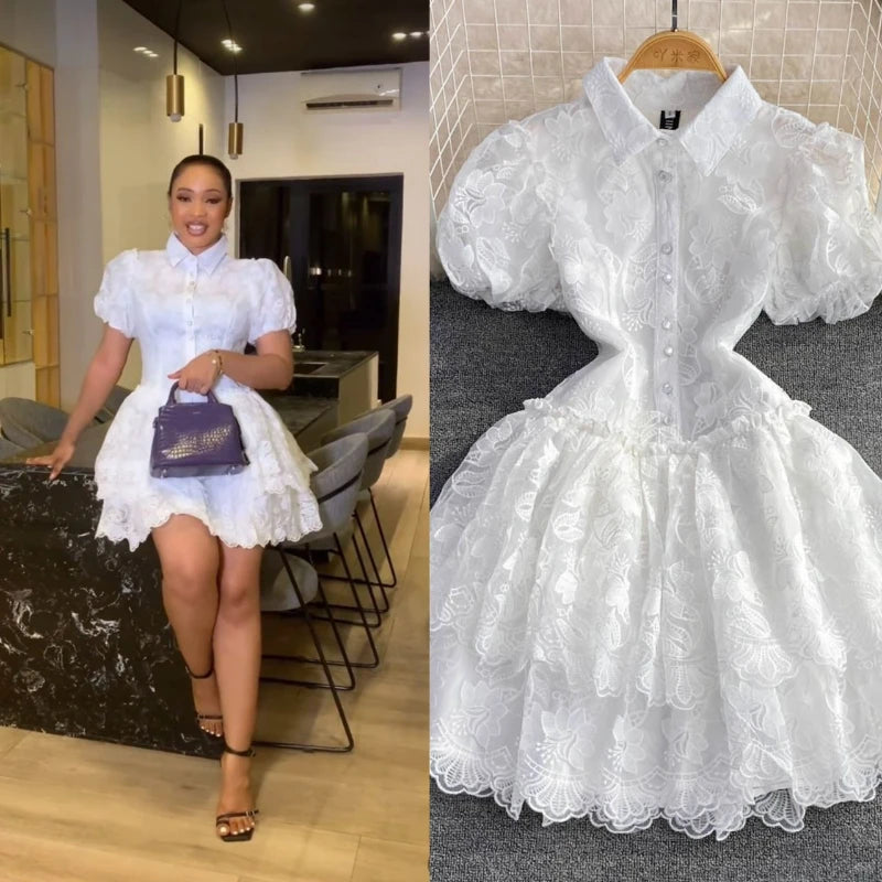 Women Vintage Lace Mini Dress with Puff Sleeves