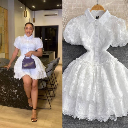 Women Vintage Lace Mini Dress with Puff Sleeves